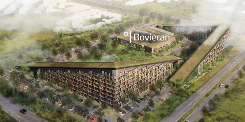 Visualisering af Green Hills i Solrød med en Bovieran placeret centralt i bebyggelsen